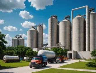 Category: venue/architecture

Paisaje industrial en México con silos y camiones cisterna. Arquitectura de planta de cemento con cielo azul. #México #industria #arquitectura