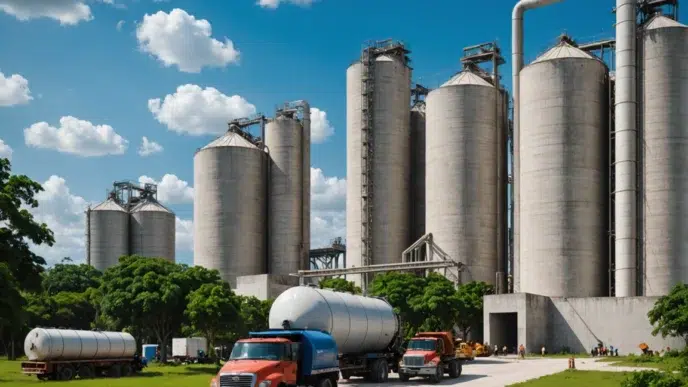 Category: venue/architecture

Paisaje industrial en México con silos y camiones cisterna. Arquitectura de planta de cemento con cielo azul. #México #industria #arquitectura