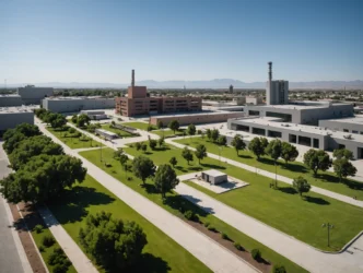 Vista aérea de la arquitectura industrial en Ciudad Juárez, México. Paisaje urbano con edificios y áreas verdes. Conferencias Inmobiliare Summits.