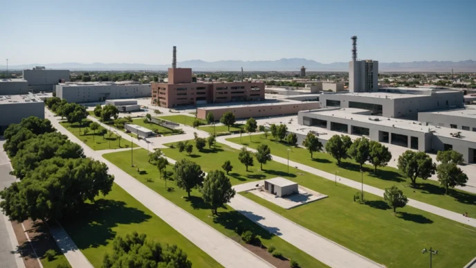 Vista aérea de la arquitectura industrial en Ciudad Juárez, México. Paisaje urbano con edificios y áreas verdes. Conferencias Inmobiliare Summits.