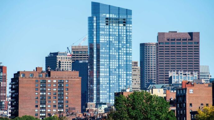 Paisaje urbano que destaca un moderno rascacielos acristalado con el distintivo logotipo de CBRE en su fachada principal, posicionado estratégicamente en el centro de la escena. El edificio se impone entre elegantes construcciones históricas de ladrillo, creando un contraste arquitectónico sofisticado. La presencia de áreas verdes cuidadosamente integradas y la claridad del cielo enfatizan la exclusividad y el dinamismo característico de los distritos inmobiliarios más cotizados, consolidando este enclave como una referencia imprescindible para inversores o compradores que buscan calidad, rentabilidad y prestigio en ubicaciones prime.
