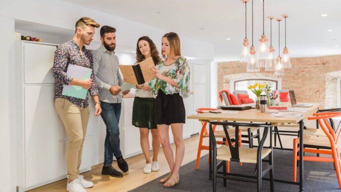 Cuatro jóvenes profesionales se reúnen en una cocina contemporánea y luminosa dentro de un exclusivo espacio de coliving en España. Una de ellas, con libreta en mano, guía la conversación mientras los demás participan activamente. En primer plano, una mesa de comedor elegante con sillas de diseño y arreglos florales resalta la atención al detalle y el ambiente cómodo que caracteriza a esta propiedad premium, pensada para quienes valoran comunidades vibrantes y espacios funcionales sin renunciar al lujo y la comodidad.