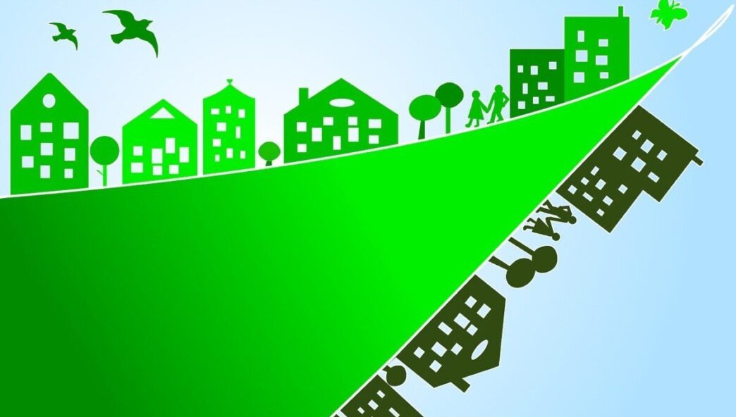 Una gráfica estilizada presenta edificaciones de diseño contemporáneo integradas armónicamente con áreas verdes y espacios peatonales, dispuestas sobre un paisaje ondulado. Reflejos elegantes en tonos grises aportan una dimensión artística, evocando las tendencias y perspectivas inmobiliarias para 2025. El entorno se complementa con detalles naturales, como aves en vuelo y hojas flotando sobre un cielo azul claro, simbolizando sostenibilidad y bienestar: valores clave en los desarrollos premium enfocados en inversionistas y compradores que buscan excelencia arquitectónica e impacto positivo en el entorno.