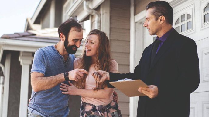 Un asesor inmobiliario entrega las llaves a una pareja frente a su nueva residencia, reflejando la satisfacción de una exitosa transacción en el sector residencial premium. Esta escena simboliza el cumplimiento de las altas expectativas de clientes exigentes, subrayando la excelencia en el servicio, la confianza y el acceso a propiedades exclusivas que distinguen al mercado inmobiliario de alto nivel.