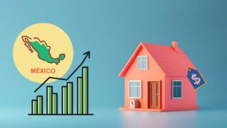 Una elegante maqueta 3D de una residencia premium en tonalidad rosada, acompañada de una etiqueta de valor destacada, simboliza el activo inmobiliario. A la izquierda, un gráfico de barras ascendentes y una flecha alza sobre el mapa estilizado de México ilustran el crecimiento sostenido en los precios del sector residencial mexicano. Esta representación visual enfatiza el atractivo potencial de inversión y la valorización continua del mercado inmobiliario de alto nivel en México, consolidándolo como un entorno ideal para compradores e inversores exigentes que buscan solidez patrimonial y oportunidades exclusivas.