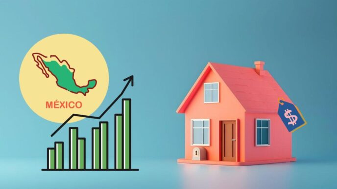 Una elegante maqueta 3D de una residencia premium en tonalidad rosada, acompañada de una etiqueta de valor destacada, simboliza el activo inmobiliario. A la izquierda, un gráfico de barras ascendentes y una flecha alza sobre el mapa estilizado de México ilustran el crecimiento sostenido en los precios del sector residencial mexicano. Esta representación visual enfatiza el atractivo potencial de inversión y la valorización continua del mercado inmobiliario de alto nivel en México, consolidándolo como un entorno ideal para compradores e inversores exigentes que buscan solidez patrimonial y oportunidades exclusivas.