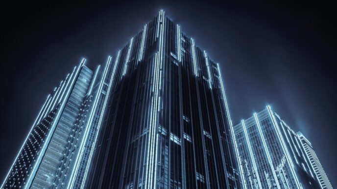 Vista en contrapicado de rascacielos modernos al anochecer, donde líneas luminosas en azul y blanco definen elegantemente los contornos arquitectónicos. Esta impactante escena urbana subraya la sofisticación y el diseño vanguardista característico del sector inmobiliario premium, consolidando estos inmuebles como oportunidades excepcionales para inversores y compradores que buscan exclusividad y alto valor patrimonial en el corazón de la ciudad.