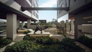 En Origina Pedregal, un moderno patio central se encuentra estratégicamente ubicado entre dos imponentes torres residenciales. Este espacio exclusivo destaca por su diseño paisajístico de primer nivel, con jardinería cuidadosamente integrada, elegantes escalones de concreto y una escultura metálica abstracta de gran formato que se erige como pieza central del entorno. Los muros de cristal maximizan la entrada de luz natural y ofrecen vistas ininterrumpidas al cielo azul, mientras que las áreas lounge al aire libre brindan espacios preferidos para el descanso o reuniones sociales. Una propuesta arquitectónica única que revaloriza la experiencia residencial y representa una oportunidad incomparable para inversores y compradores distinguidos en busca de exclusividad y alta plusvalía.