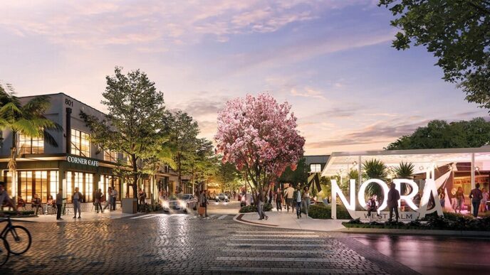 Al atardecer, West Palm Beach cobra vida en un entorno vibrante donde residentes y visitantes recorren elegantes boutiques y exclusivos restaurantes. En el corazón de la escena destaca un letrero emblemático "NORA WEST PALM", rodeado de una sofisticada oferta comercial y gastronómica, realzada por la presencia de árboles ornamentales en flor. Esta ubicación privilegiada no solo representa una oportunidad inigualable para quienes buscan invertir o adquirir propiedades premium, sino que también refleja el estilo de vida refinado y dinámico que caracteriza a las zonas más codiciadas del sector inmobiliario.