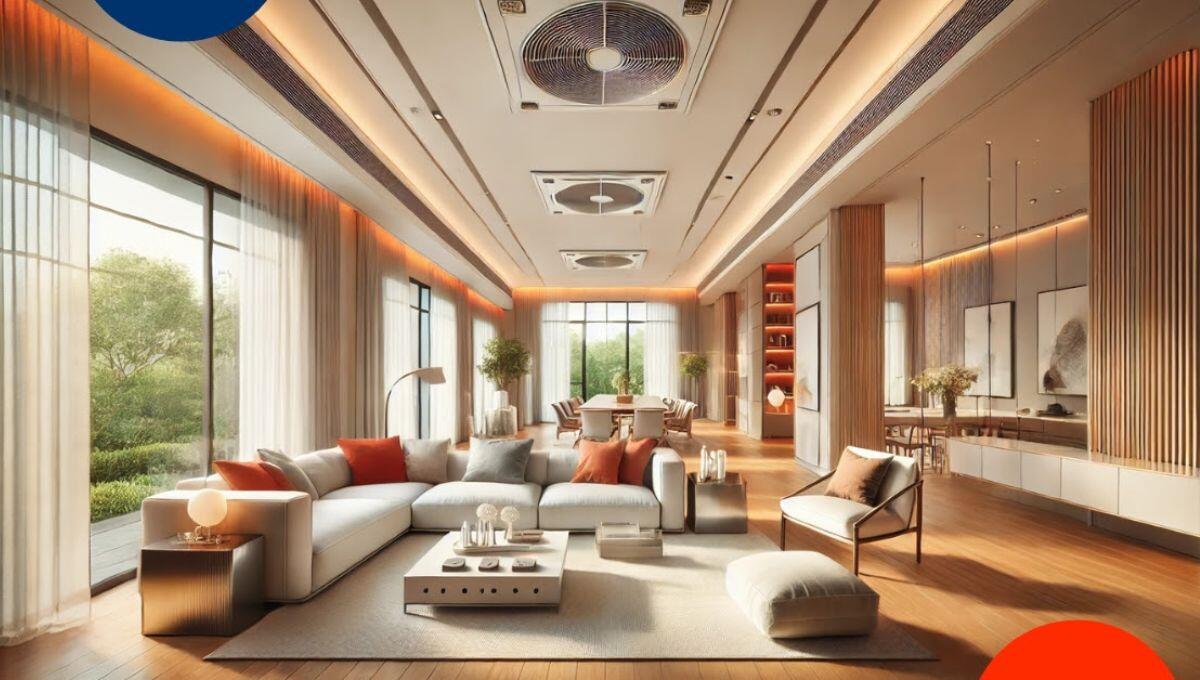 Un amplio y moderno salón, bañado por luz natural gracias a grandes ventanales, integra mobiliario en tonos neutros con elegantes acentos en naranja y exclusivos suelos de madera. Este ambiente demuestra que el auténtico confort y la calidad de vida superan cualquier medida superficial, priorizando el diseño cómodo y el bienestar. El área de comedor se distingue al fondo mientras las vistas a espacios verdes realzan la conexión con la naturaleza, atributos fundamentales en propiedades inmobiliarias premium orientadas a inversores o compradores que buscan excelencia sin concesiones.