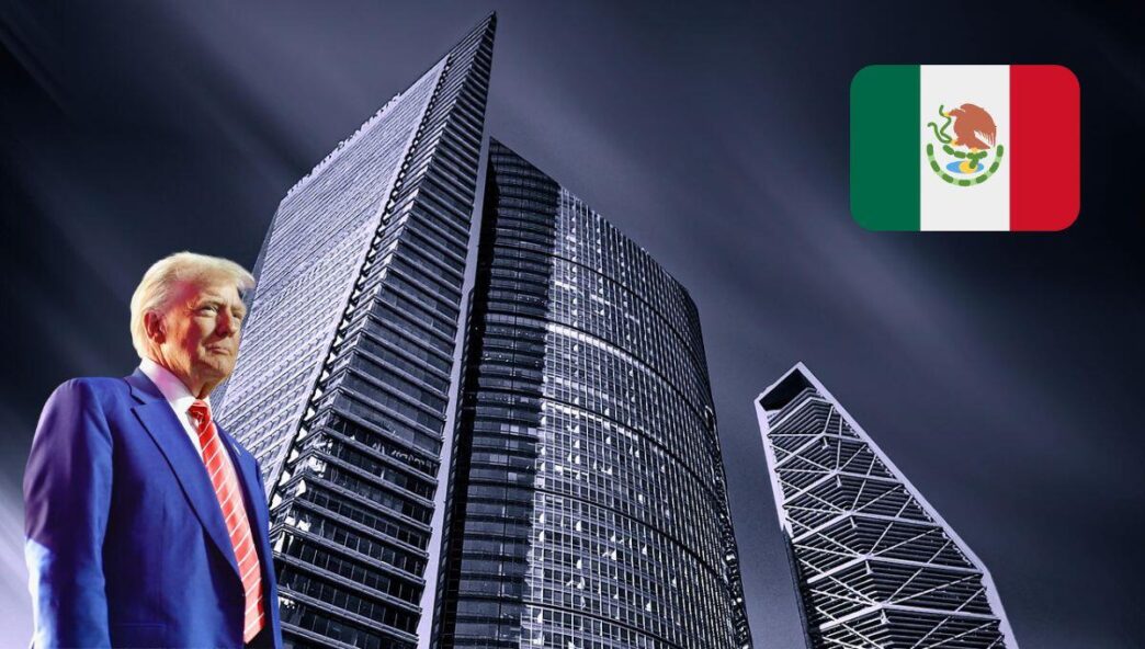 Un ejecutivo elegantemente vestido posa frente a imponentes rascacielos contemporáneos, símbolo de la vitalidad y sofisticación del mercado premium de oficinas. En la esquina superior derecha, la bandera de México sobre un elegante fondo oscuro resalta el entorno estratégico y el potencial de inversión en ubicaciones corporativas de alto nivel.