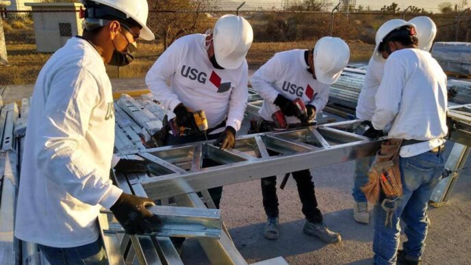 Un equipo de cinco profesionales altamente capacitados, equipados con cascos blancos y guantes de seguridad USG, trabaja en la instalación de estructuras metálicas en un entorno industrial. Su vestimenta incluye camisetas corporativas con el logotipo de USG, reflejando los más altos estándares del sector. De fondo, se aprecian edificaciones industriales que realzan la solidez e innovación del proyecto en desarrollo. Esta escena destaca el compromiso con la calidad constructiva y la excelencia operativa, cualidades clave para inversores y compradores que buscan activos premium en el mercado inmobiliario.