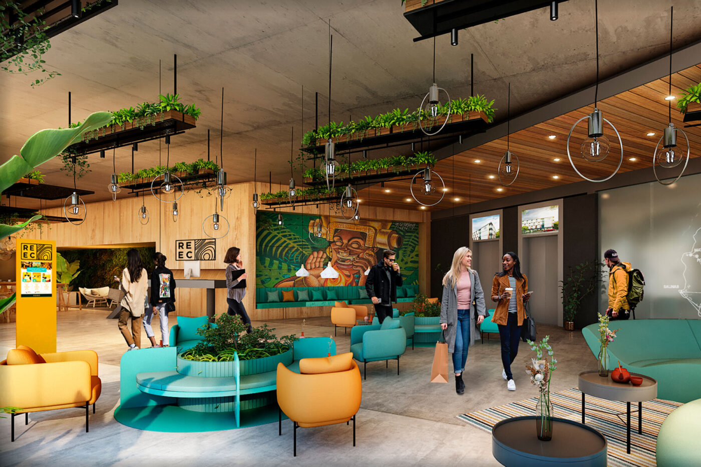 Lobby moderno de hotel con diseño arquitectónico innovador. Muebles coloridos, vegetación colgante y arte mural crean un ambiente acogedor y vanguardista.