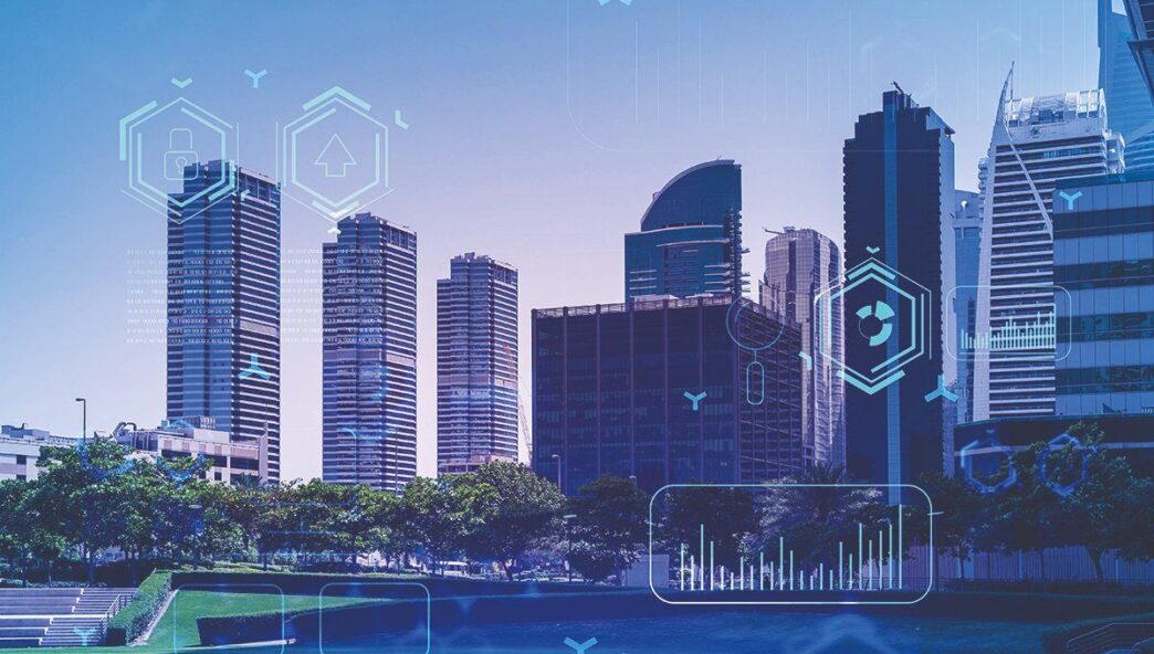 Panorama urbano con exclusivos rascacielos modernos, rodeado de áreas verdes que reflejan un estilo de vida cómodo. Sobre este entorno se superponen gráficos digitales—desde indicadores de datos hasta iconos de conectividad—ilustrando el avance tecnológico y la integración de conceptos smart city en el sector inmobiliario premium. Una oportunidad única para inversores y compradores visionarios interesados en propiedades inteligentes, sostenibles y con proyección de futuro dentro del mercado más exclusivo.