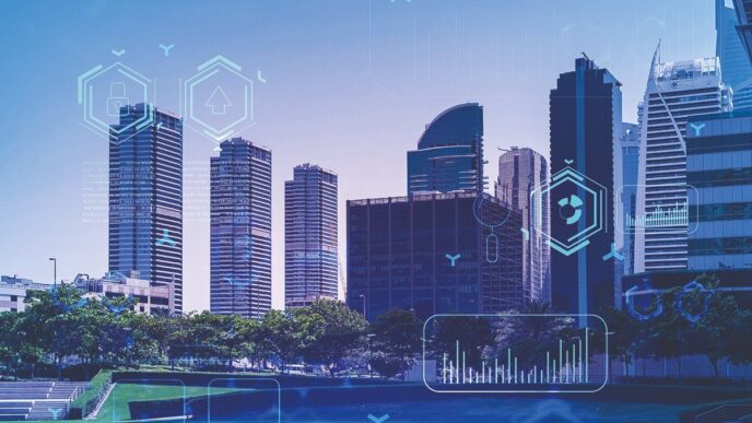 Panorama urbano con exclusivos rascacielos modernos, rodeado de áreas verdes que reflejan un estilo de vida cómodo. Sobre este entorno se superponen gráficos digitales—desde indicadores de datos hasta iconos de conectividad—ilustrando el avance tecnológico y la integración de conceptos smart city en el sector inmobiliario premium. Una oportunidad única para inversores y compradores visionarios interesados en propiedades inteligentes, sostenibles y con proyección de futuro dentro del mercado más exclusivo.