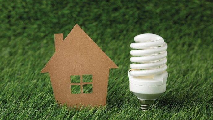Un recorte representativo de una vivienda y una lámpara de bajo consumo se sitúan sobre césped natural, evocando el concepto de vivienda sustentable. Esta imagen transmite un firme compromiso con la eficiencia energética y la responsabilidad ambiental, elementos esenciales en el segmento inmobiliario premium para inversores y compradores que priorizan la innovación, la sostenibilidad y el valor a largo plazo.