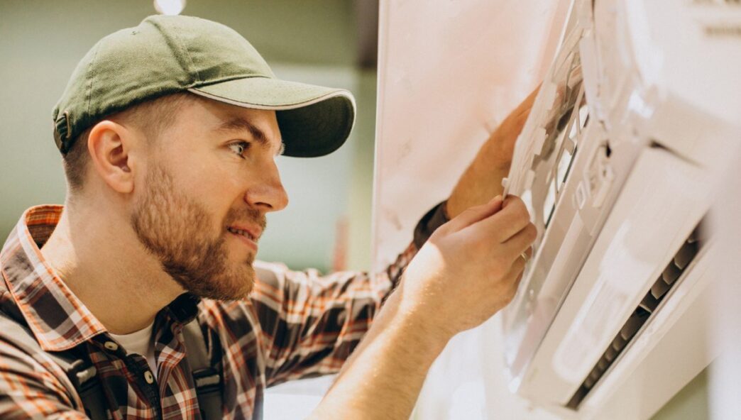 Un técnico especializado, debidamente uniformado, realiza una minuciosa inspección y ajuste en un sistema de aire acondicionado de pared de última generación. Este procedimiento garantiza el óptimo funcionamiento de los equipos, un factor esencial para mantener el alto estándar de confort climático esperado en residencias y propiedades premium. La calidad del mantenimiento técnico es clave para preservar tanto la eficiencia energética como la valorización a largo plazo de activos inmobiliarios exclusivos, asegurando así una experiencia superior para inversores y compradores exigentes.