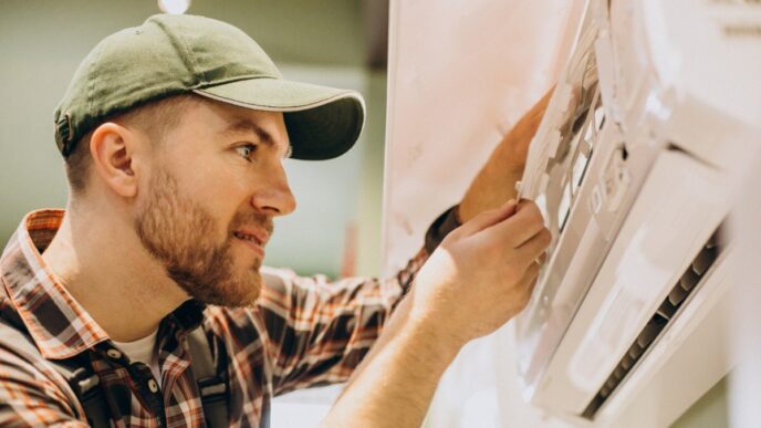 Un técnico especializado, debidamente uniformado, realiza una minuciosa inspección y ajuste en un sistema de aire acondicionado de pared de última generación. Este procedimiento garantiza el óptimo funcionamiento de los equipos, un factor esencial para mantener el alto estándar de confort climático esperado en residencias y propiedades premium. La calidad del mantenimiento técnico es clave para preservar tanto la eficiencia energética como la valorización a largo plazo de activos inmobiliarios exclusivos, asegurando así una experiencia superior para inversores y compradores exigentes.