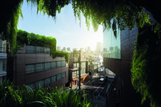 Vista urbana panorámica desde las alturas, destacando desarrollos inmobiliarios premium con arquitectura contemporánea y zonas verdes integradas en las azoteas. Este entorno evidencia un compromiso sólido con la sostenibilidad, incorporando espacios ecológicos que realzan el valor de los activos y promueven una calidad de vida superior. La luz natural baña la ciudad, donde la movilidad organizada y el diseño vanguardista crean un ambiente exclusivo ideal para inversores o compradores que buscan excelencia, rentabilidad y bienestar en una ubicación privilegiada.