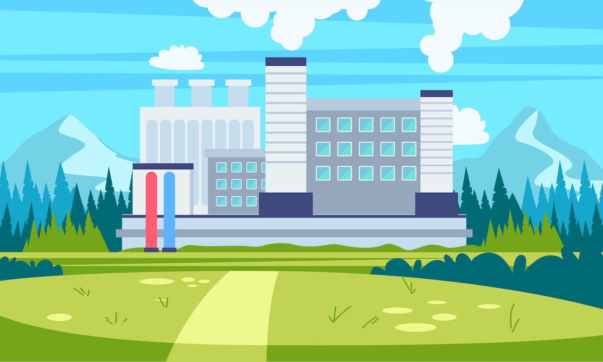 Fábrica con chimeneas en paisaje de árboles, pasto y montañas bajo cielo parcialmente nublado.