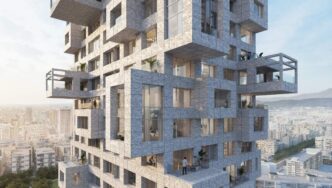 Vista cercana de un exclusivo proyecto residencial de gran altura en Taiwán, diseñado por el reconocido estudio MVRDV. Su imponente fachada geométrica, con volúmenes dinámicos y líneas contemporáneas, resalta en el horizonte urbano. La propiedad ofrece amplios ventanales que favorecen la entrada de luz natural, balcones irregulares con impresionantes vistas panorámicas y terrazas ajardinadas que integran la naturaleza al entorno residencial. Estos detalles arquitectónicos no solo aportan sofisticación y modernidad, sino que también elevan la calidad de vida, convirtiendo este desarrollo en una oportunidad única para inversores y compradores exigentes que buscan exclusividad e innovación inmobiliaria.