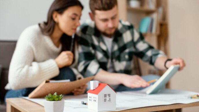 Una mujer y un hombre se reúnen en una mesa en México analizando cuidadosamente documentación relevante y notas estratégicas. Al frente, un modelo arquitectónico de vivienda premium y una planta ornamental destacan el enfoque de la conversación: la evaluación del valor inmobiliario y la revisión de documentos clave, posiblemente relacionados con INBAPREVI. Este escenario refleja el compromiso con procesos rigurosos de análisis para la adquisición o inversión en propiedades exclusivas, asegurando decisiones informadas dentro del sector inmobiliario de alto nivel.