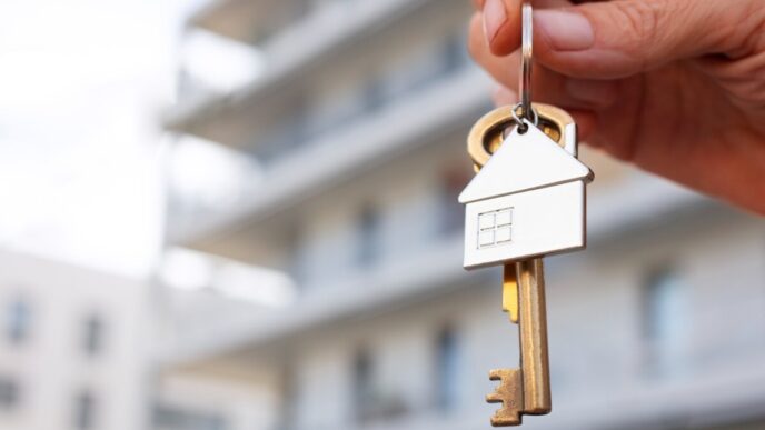 Una mano sostiene un llavero con un colgante en forma de casa y una llave, al frente de un exclusivo edificio residencial de fondo difuminado. Esta imagen simboliza el acceso a propiedades premium en desarrollos de usos mixtos modernos en Puebla, ofreciendo oportunidades excepcionales para inversores y compradores que buscan plusvalía, exclusividad y estilo de vida sofisticado.