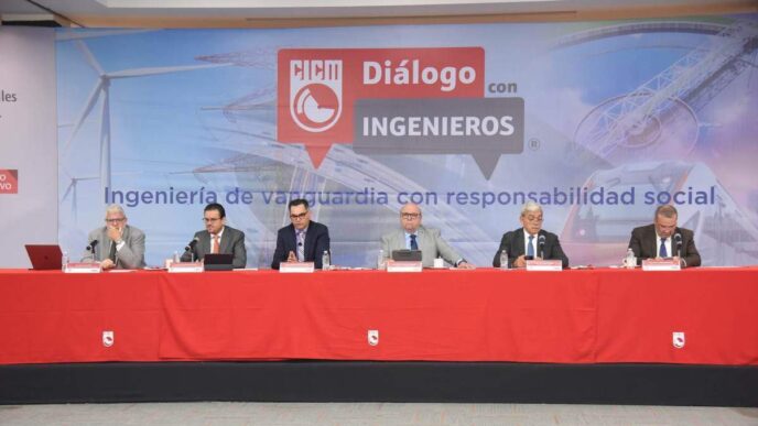 Seis ejecutivos, vestidos con impecable traje de negocios, se reúnen en una mesa de alto nivel cubierta por finos manteles rojos, para dialogar sobre inversión estratégica y responsabilidad social. En el fondo, un distintivo display exhibe el logo del CICM junto a modernas turbinas eólicas y mensajes que impulsan la ingeniería desde una perspectiva sustentable. Este encuentro refleja el compromiso del sector inmobiliario premium con proyectos de alto impacto que integran rentabilidad y sostenibilidad. La presencia de líderes visionarios y la promoción activa de prácticas responsables consolidan un entorno ideal tanto para inversores exigentes como para compradores en busca de activos exclusivos alineados con los estándares globales más avanzados en materia ambiental.