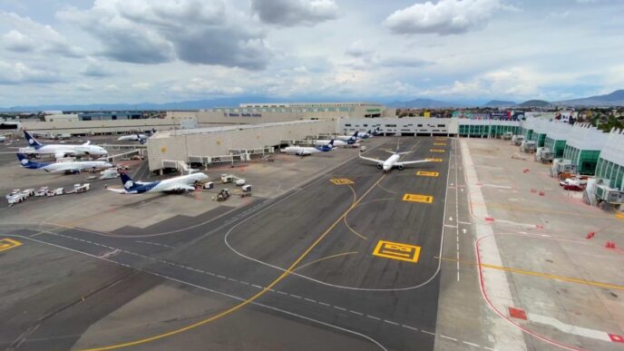 Una vista panorámica de los principales aeropuertos de México revela una infraestructura aeroportuaria moderna, con pistas recientemente renovadas y terminales vanguardistas. Varias aeronaves y vehículos de servicios en tierra denotan una operación eficiente, mientras que modernas pasarelas telescópicas conectan directamente a las instalaciones premium del aeropuerto. Bajo un cielo nublado, el entorno refleja el alto nivel de inversión y continua modernización-indicadores clave para los inversores más exigentes que buscan activos estratégicos en el sector inmobiliario premium.