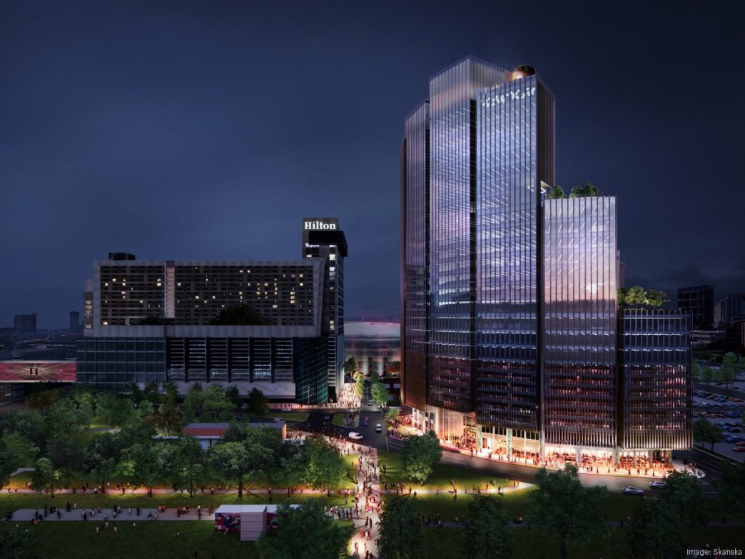 Venue/architecture.

Vista nocturna del edificio 1550 on the Green en Texas, proyecto de Skanska USA y BIG, presentado en Inmobiliare Summits. Diseño urbano y bienes raíces.