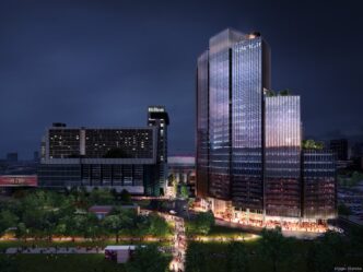 Venue/architecture.

Vista nocturna del edificio 1550 on the Green en Texas, proyecto de Skanska USA y BIG, presentado en Inmobiliare Summits. Diseño urbano y bienes raíces.