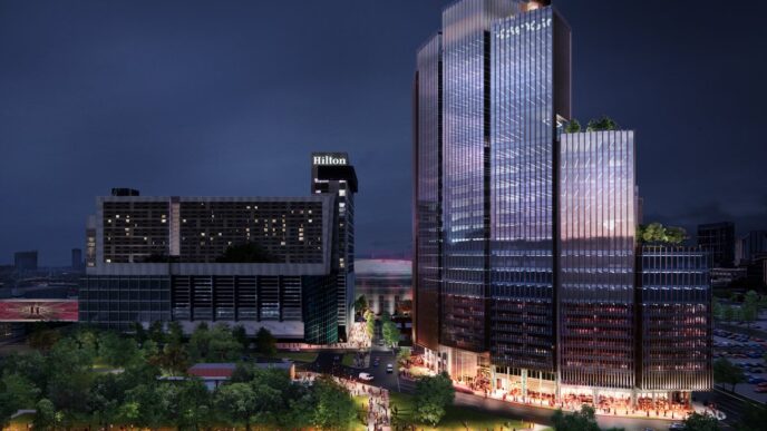 Venue/architecture.

Vista nocturna del edificio 1550 on the Green en Texas, proyecto de Skanska USA y BIG, presentado en Inmobiliare Summits. Diseño urbano y bienes raíces.