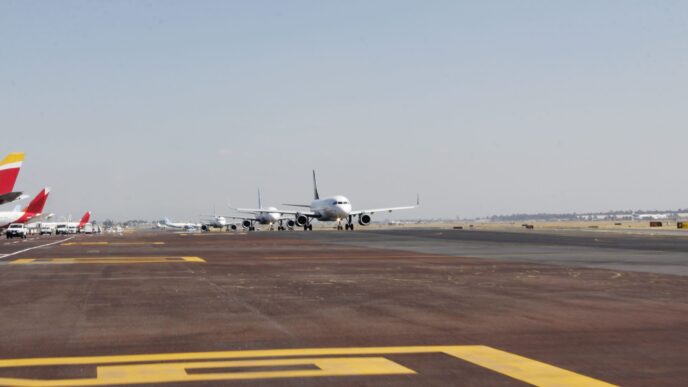 Venue/architecture.
Traslado de vuelos en AICM, México. Aviones en pista, reflejando cambios en el sector real estate tras Inmobiliare Summits LATAM.