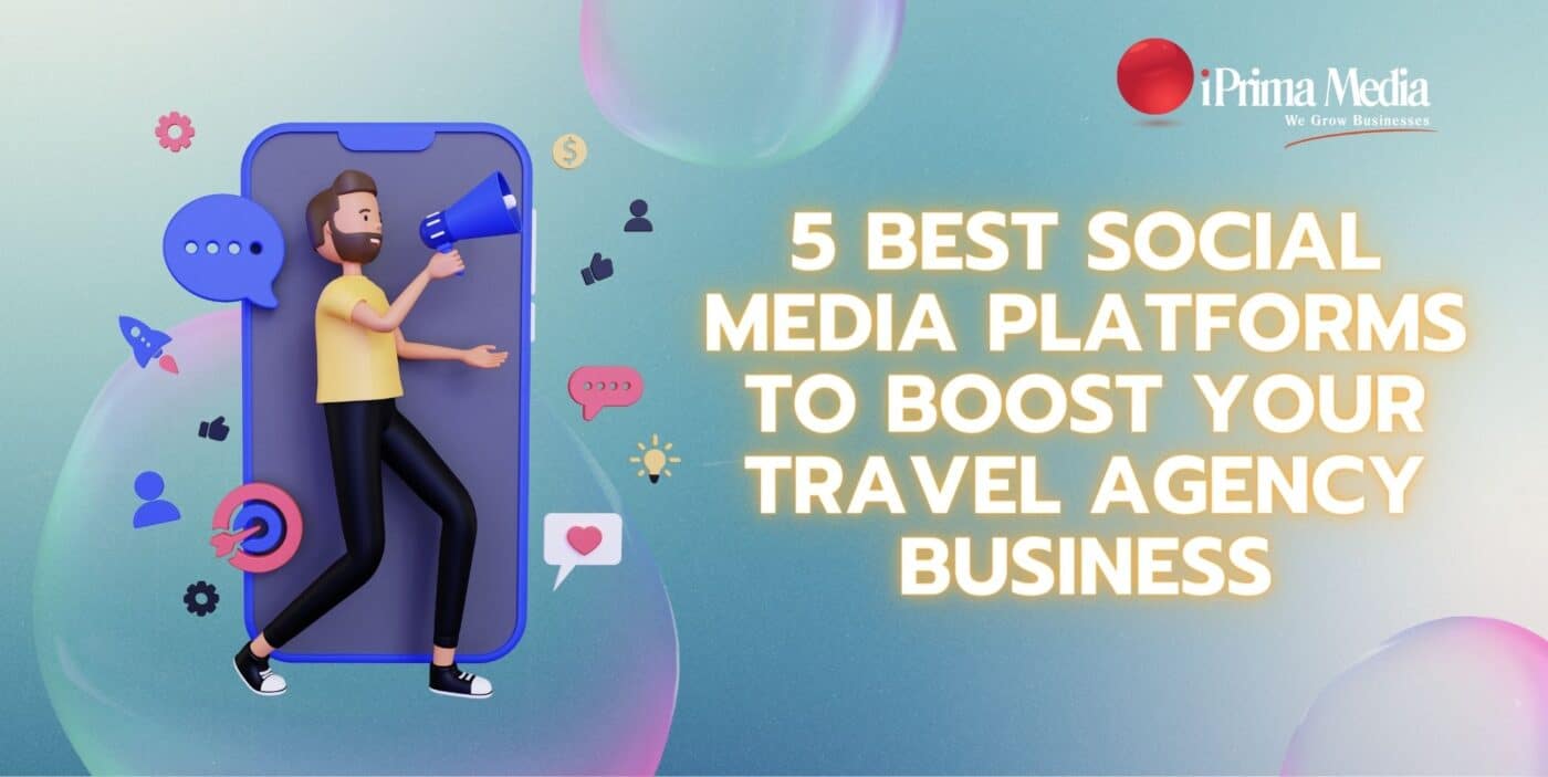 Anuncio de las 5 mejores cuentas de turismo en redes sociales. Persona con megáfono y elementos de redes sociales como cohetes y burbujas de chat.