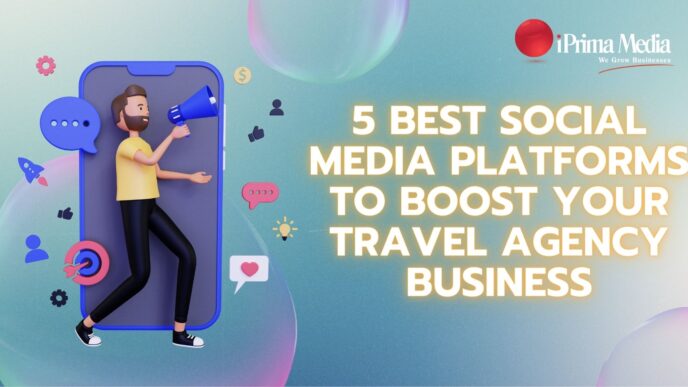 Anuncio de las 5 mejores cuentas de turismo en redes sociales. Persona con megáfono y elementos de redes sociales como cohetes y burbujas de chat.