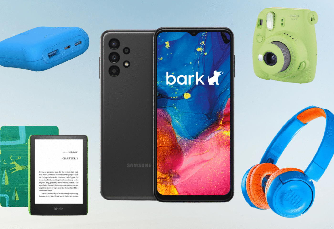 Gadgets esenciales para vacacionar. Incluye un smartphone Samsung con la app Bark, una cámara Instax, audífonos JBL y un Kindle. ¡Prepárate para el viaje!