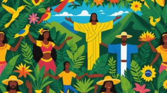 Ilustración vibrante con personas, aves y flores tropicales. Brasil, finanzas inclusivas, Estímulo, MSMEs, Inmobiliare Summits, real estate, LATAM.