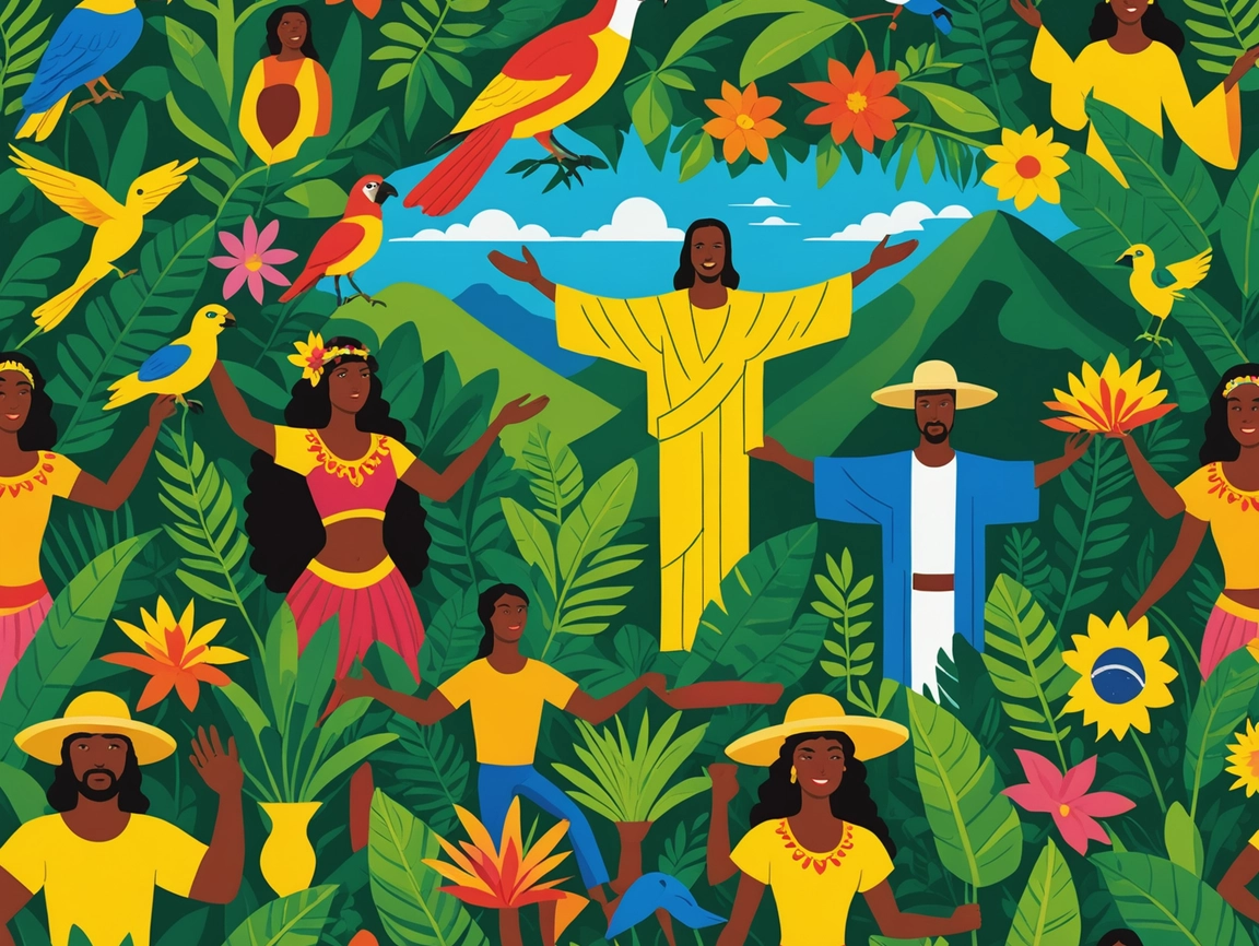 Ilustración vibrante con personas, aves y flores tropicales. Brasil, finanzas inclusivas, Estímulo, MSMEs, Inmobiliare Summits, real estate, LATAM.