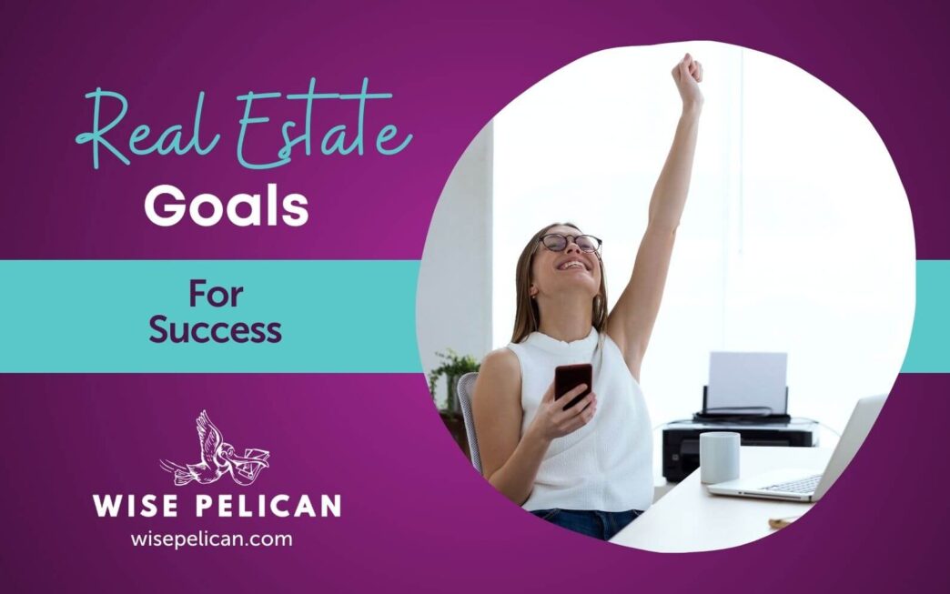 Sponsors/branding.

Objetivos inmobiliarios para el éxito. Mujer celebrando con un teléfono. Wise Pelican, empresa de bienes raíces.