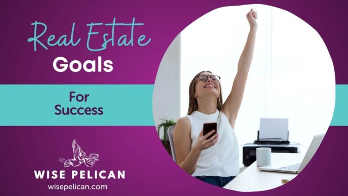 Sponsors/branding.

Objetivos inmobiliarios para el éxito. Mujer celebrando con un teléfono. Wise Pelican, empresa de bienes raíces.