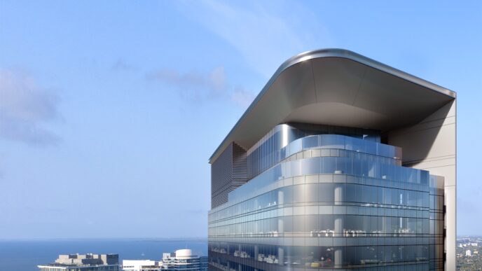 Venue/architecture.

Vista arquitectónica del rascacielos sede del Inmobiliare Summits, un evento clave de real estate en LATAM. Diseño moderno y vanguardista.