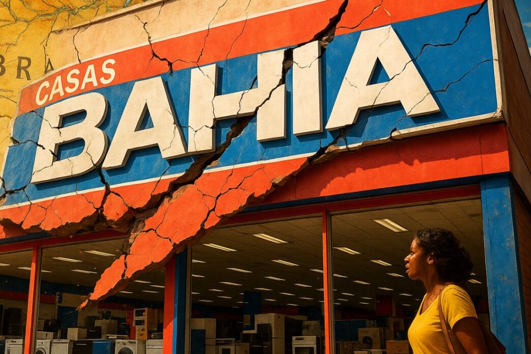 Fachada agrietada de la tienda Casas Bahia, reflejando desafíos financieros como la captación de capital de 38 millones de dólares por Acasa.