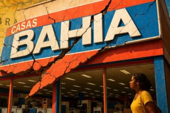 Fachada agrietada de la tienda Casas Bahia, reflejando desafíos financieros como la captación de capital de 38 millones de dólares por Acasa.