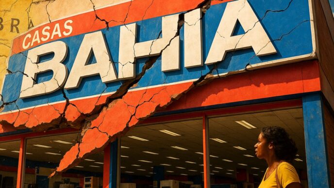 Fachada agrietada de la tienda Casas Bahia, reflejando desafíos financieros como la captación de capital de 38 millones de dólares por Acasa.