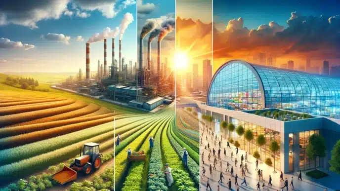 Collage conceptual de agricultura, industria y ciudad. Inmobiliare Summits promueve el desarrollo urbano y el sector inmobiliario en LATAM.