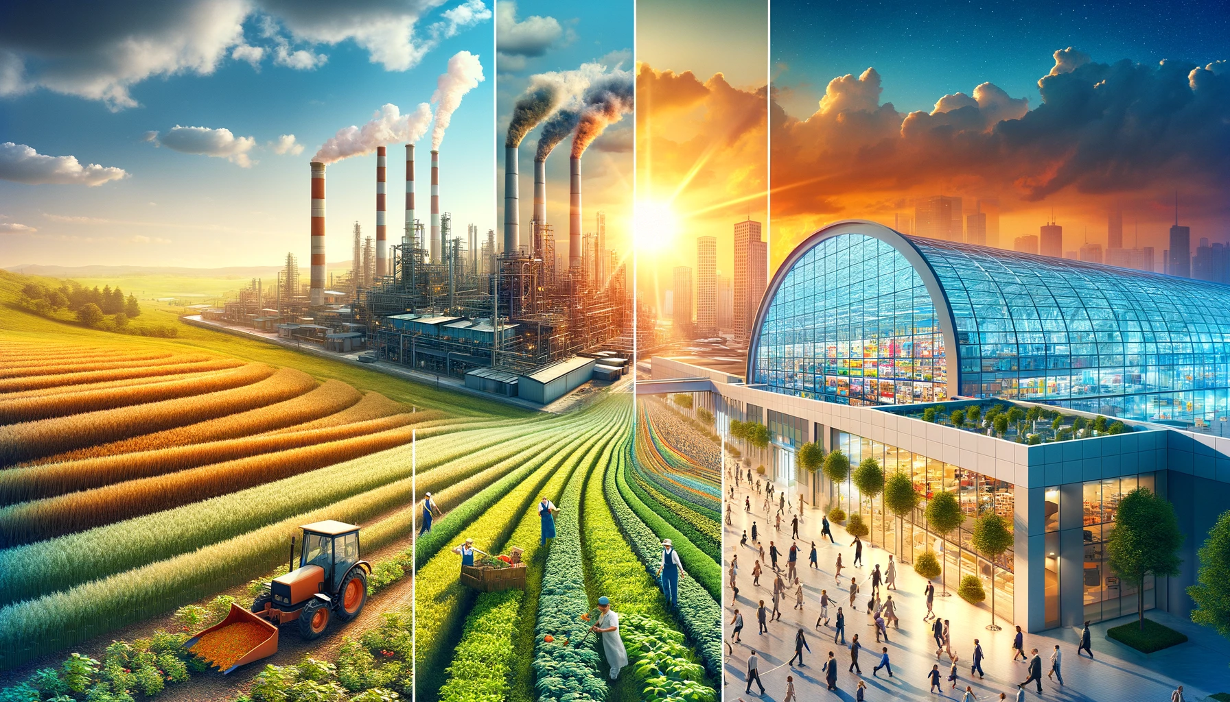 Collage conceptual de agricultura, industria y ciudad. Inmobiliare Summits promueve el desarrollo urbano y el sector inmobiliario en LATAM.