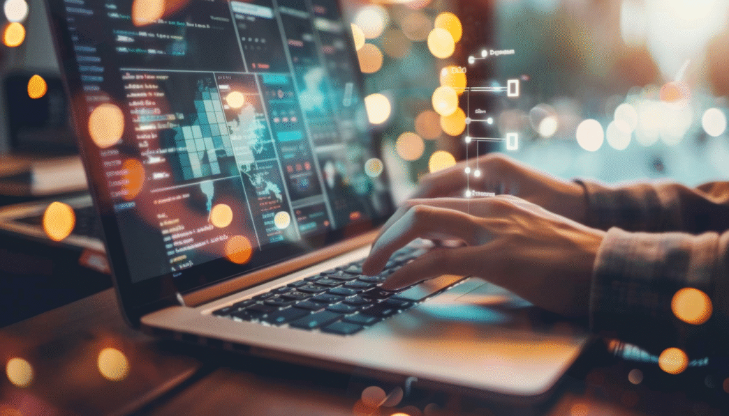 speakers/headshot
Manos tecleando en laptop con datos y gráficas. Innovación tecnológica en el sector inmobiliario LATAM. Inmobiliare Summits.