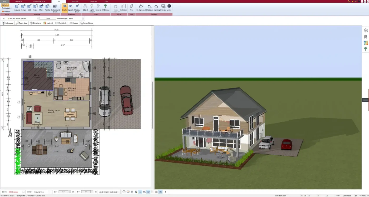 Diseño 3D de vivienda multi-generacional. Plano arquitectónico y render de casa con coches. Adaptación real estate para familias diversas.