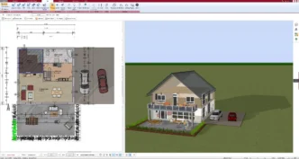 Diseño 3D de vivienda multi-generacional. Plano arquitectónico y render de casa con coches. Adaptación real estate para familias diversas.