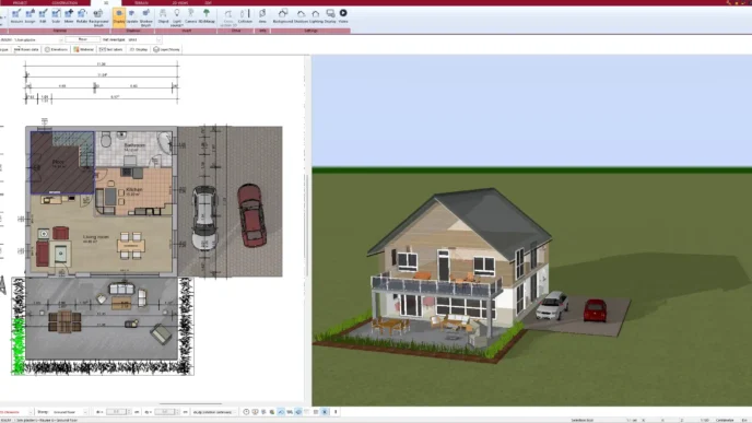 Diseño 3D de vivienda multi-generacional. Plano arquitectónico y render de casa con coches. Adaptación real estate para familias diversas.